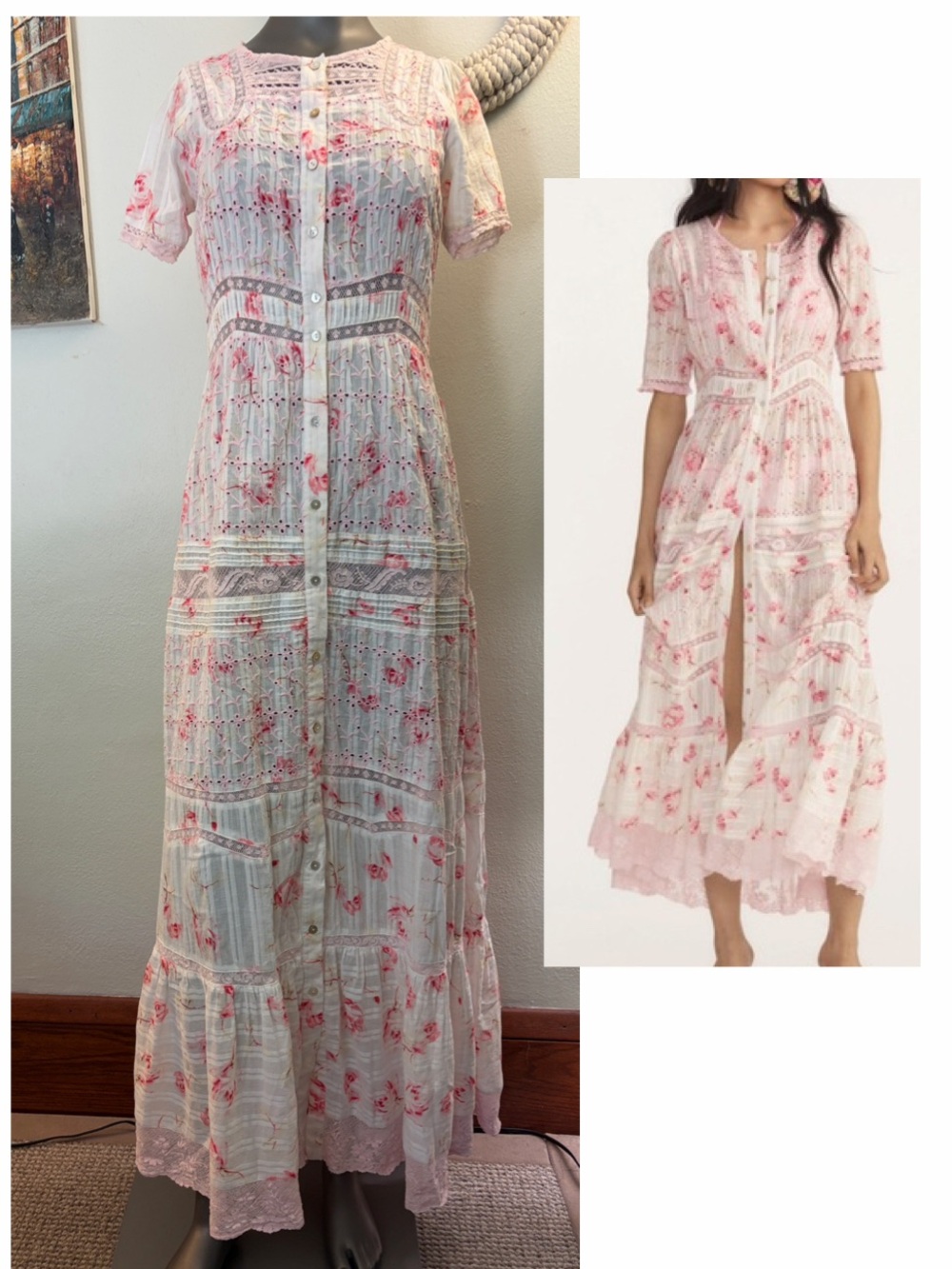 LOVESHACKFANCY Medina Victorian Embroidered Floral Lace Maxi Dress - Sz 2